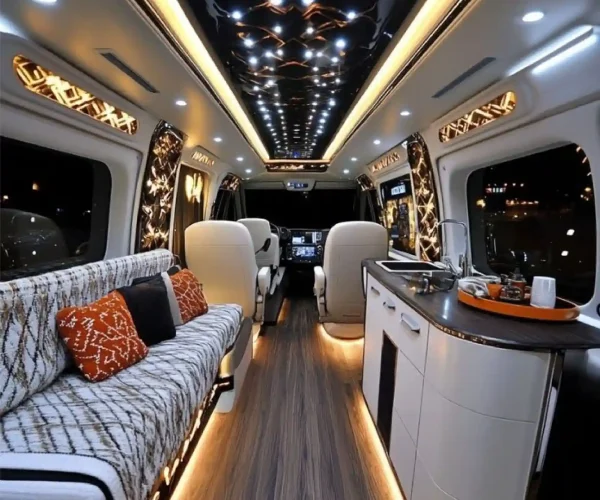 Luxury party bus limousine in Atlanta for group celebrations, nightlife events, and premium chauffeur-driven transportation service